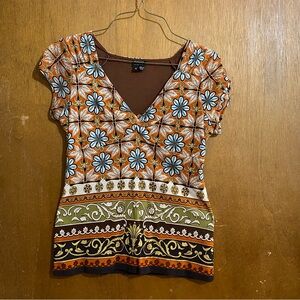 Size M Orange and brown multicolor Nicole Miller floral print top